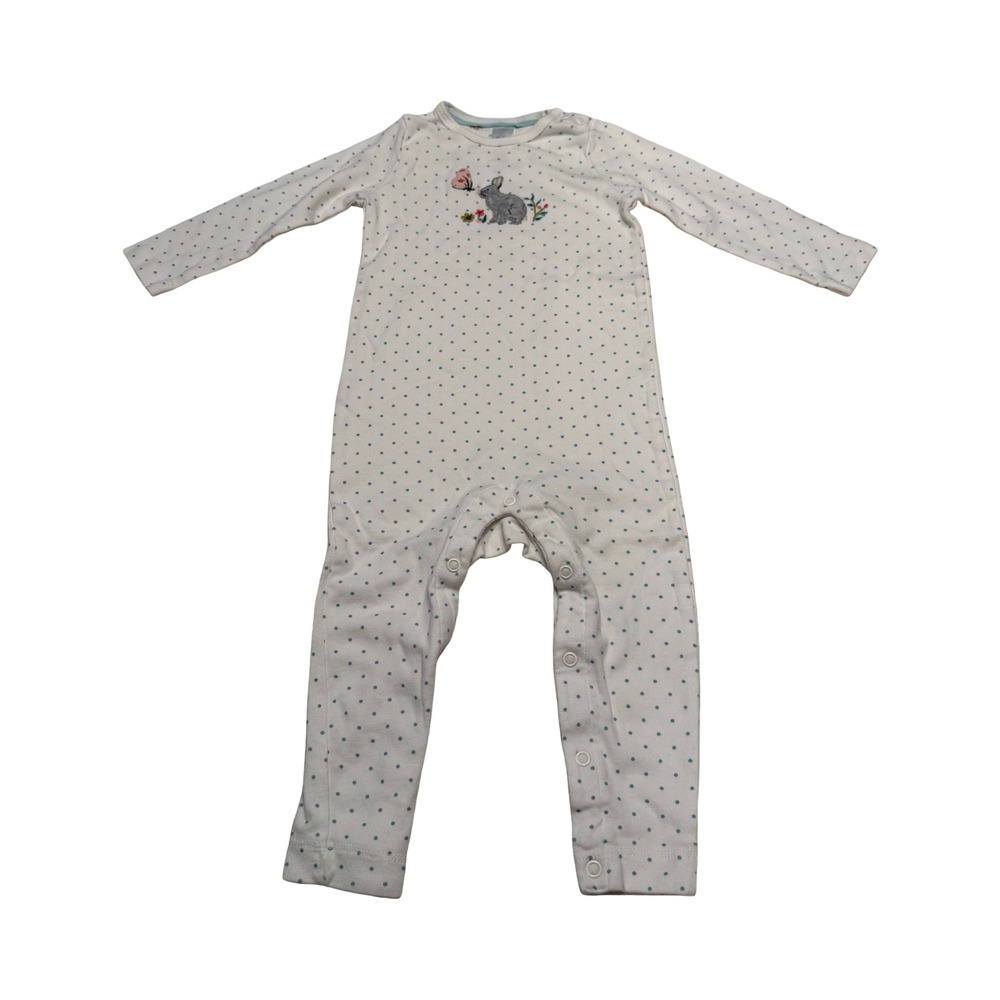 Baby Boden‎ 12-18M White Teal Polka Dot Bunny Embroidered Long Sleeve Romper